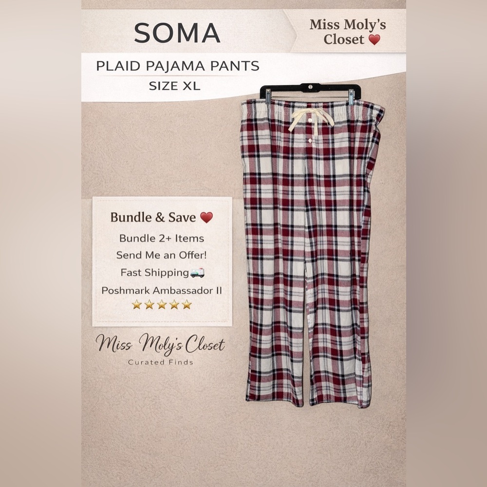 Soma Red and White Mens Plaid Lounge Pajama Pants- Size XL